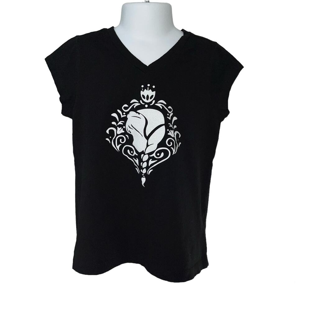 Girls S 6/6X Black & White Glitter Sparkle Anna Frozen Short Sleeve Tee Shirt